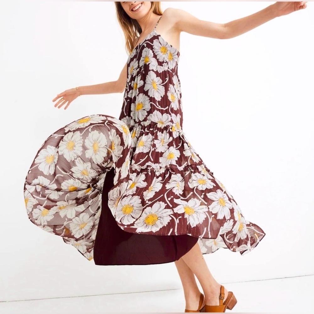 Madewell Burgundy Braided Strap
Tier Midi Dress Metallic Big
Time Blooms Size 10